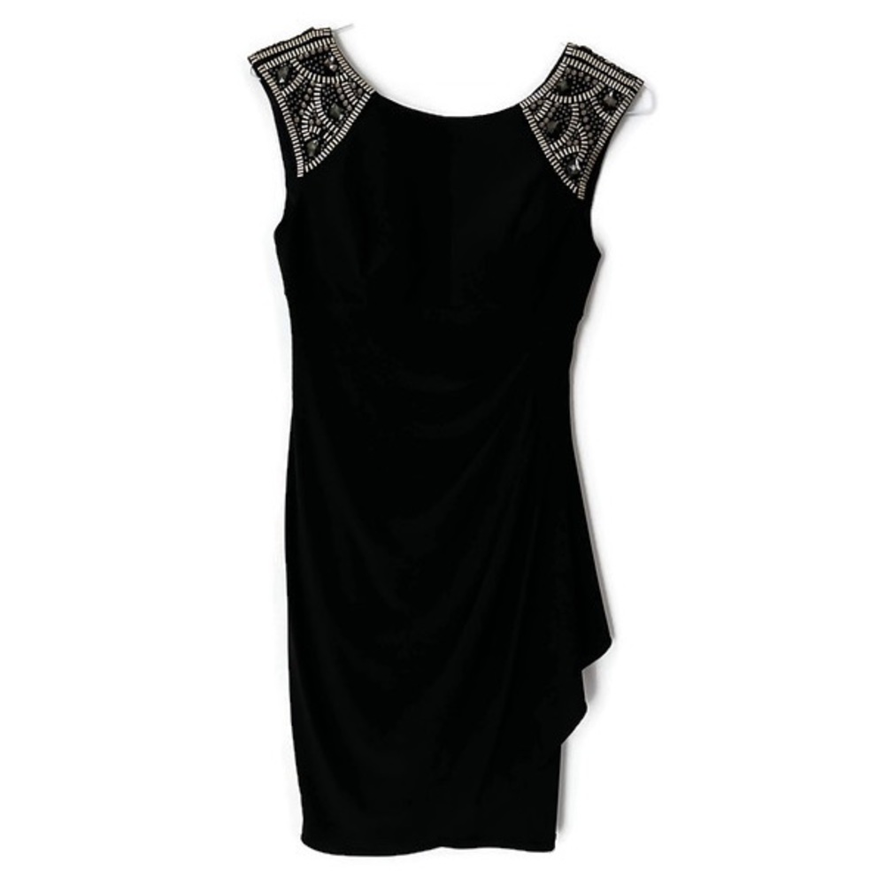 Xscape Petite Ruched Embellished Black Cocktail Dress 4P